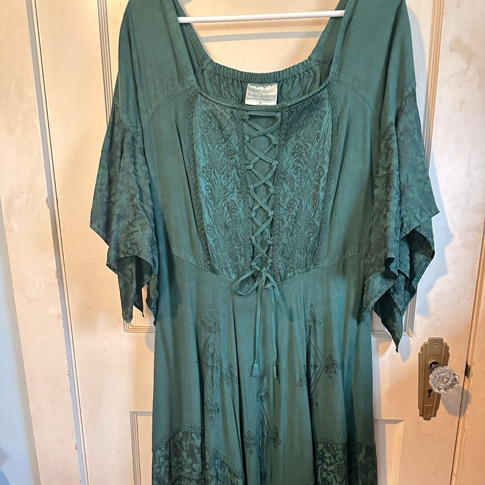 Green Lace-Up Bohemian Dress